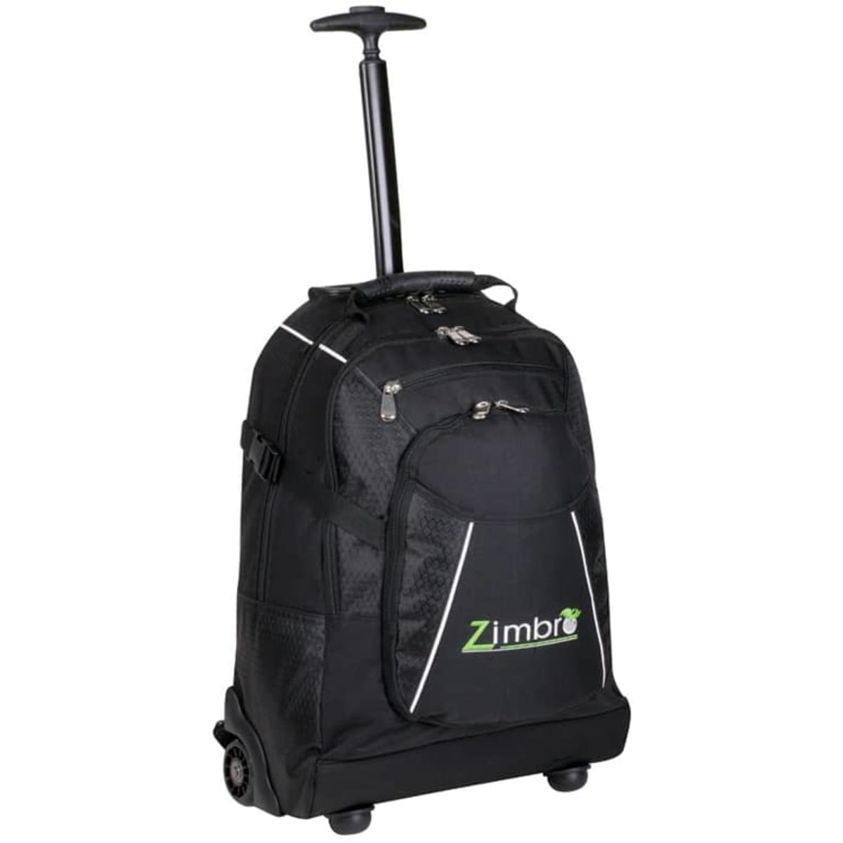 A black wheeled backpack with a retractable handle, featuring a front zip pocket and logo branding.