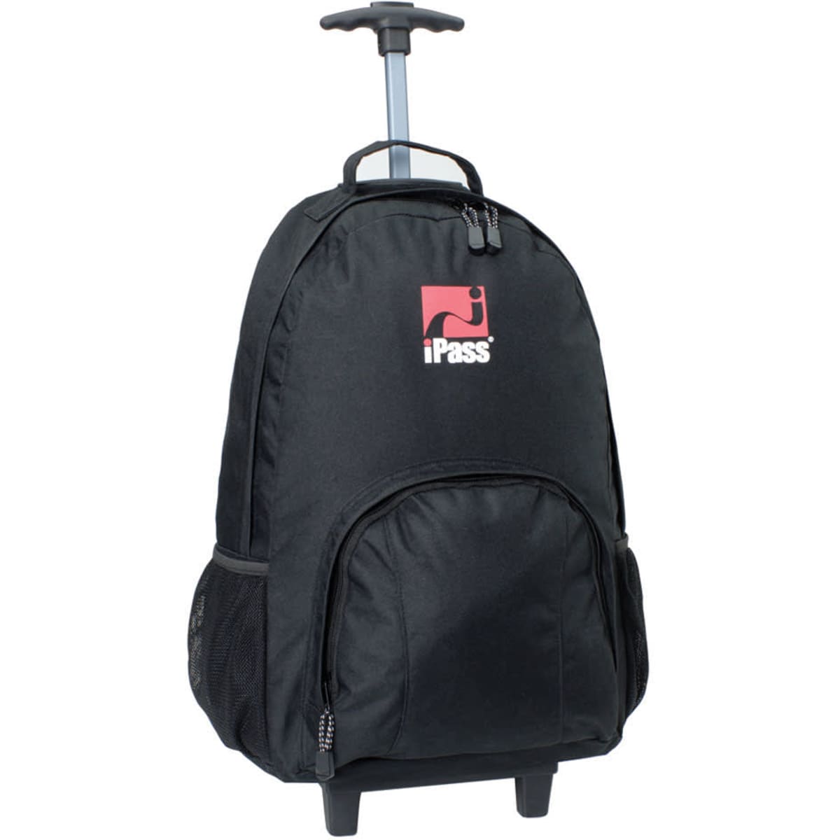 A black wheeled backpack with a retractable handle and side mesh pockets, featuring a logo.