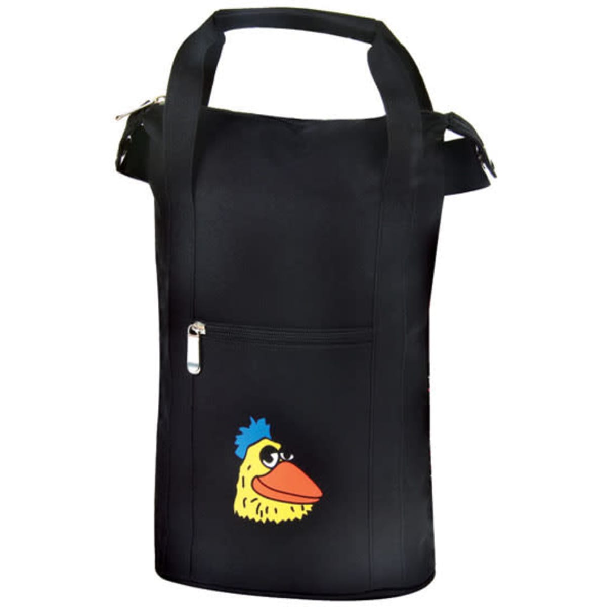 A drink bottle holder in black, featuring a cartoon bird design and a zippered front pocket.