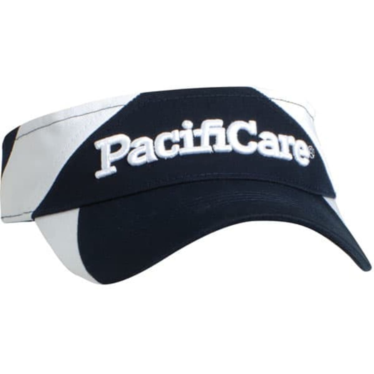 A navy and white visor featuring a logo on the front. Suitable for headwear and outdoor activities.