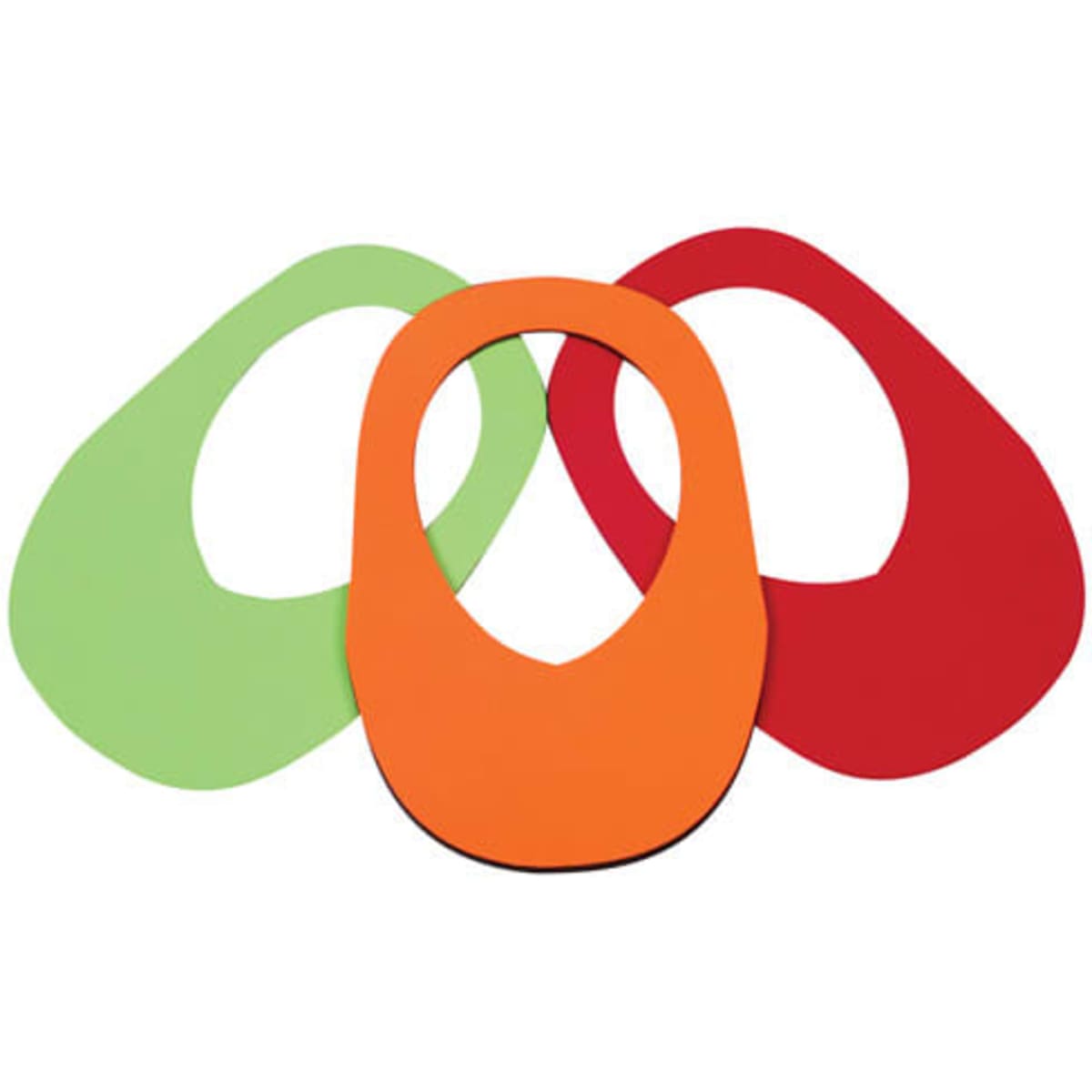 A set of three visors in green, orange, and red, each with a rounded shape and an opening for the head.