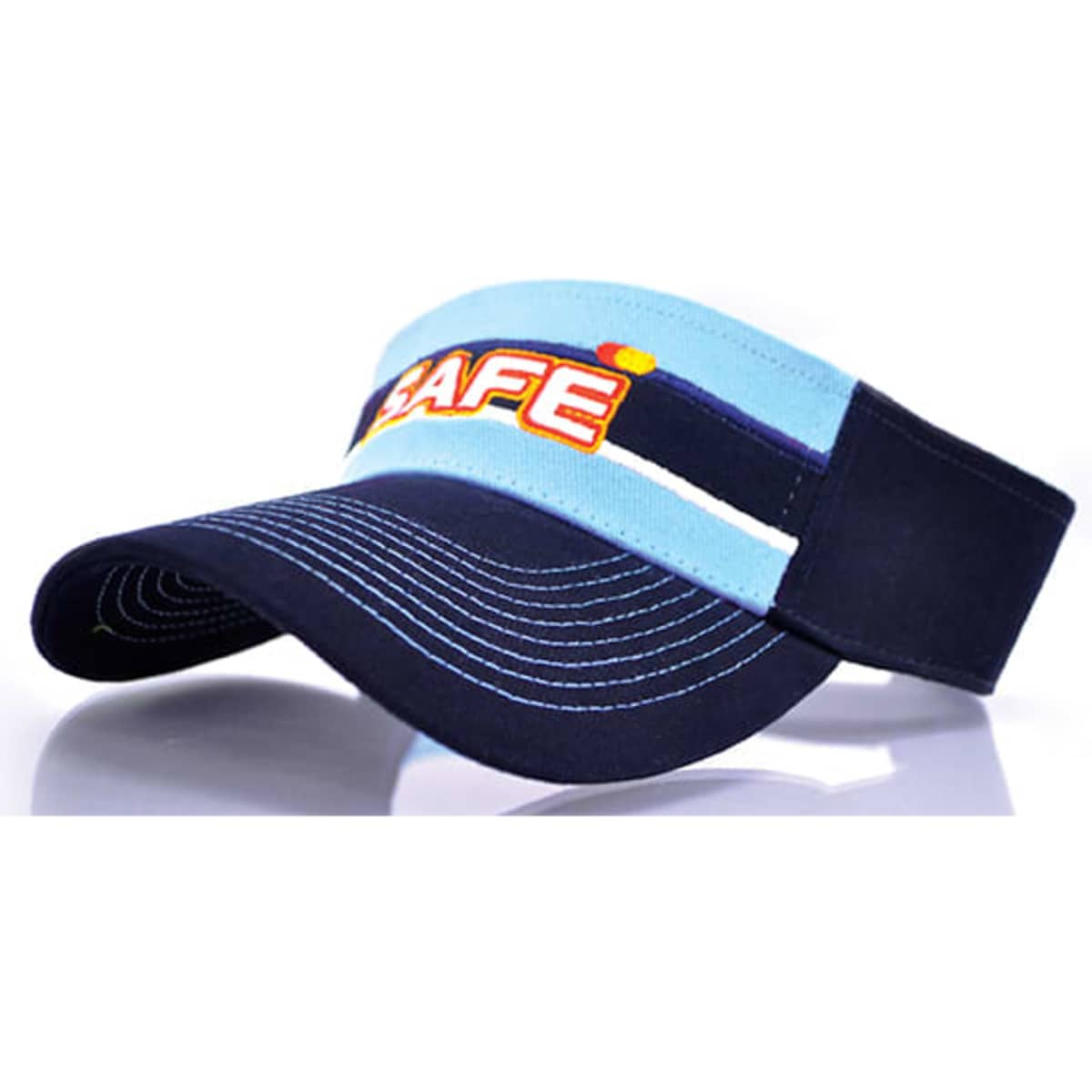 A navy blue and sky blue visor featuring a logo and contrasting stitching. Suitable for headwear.