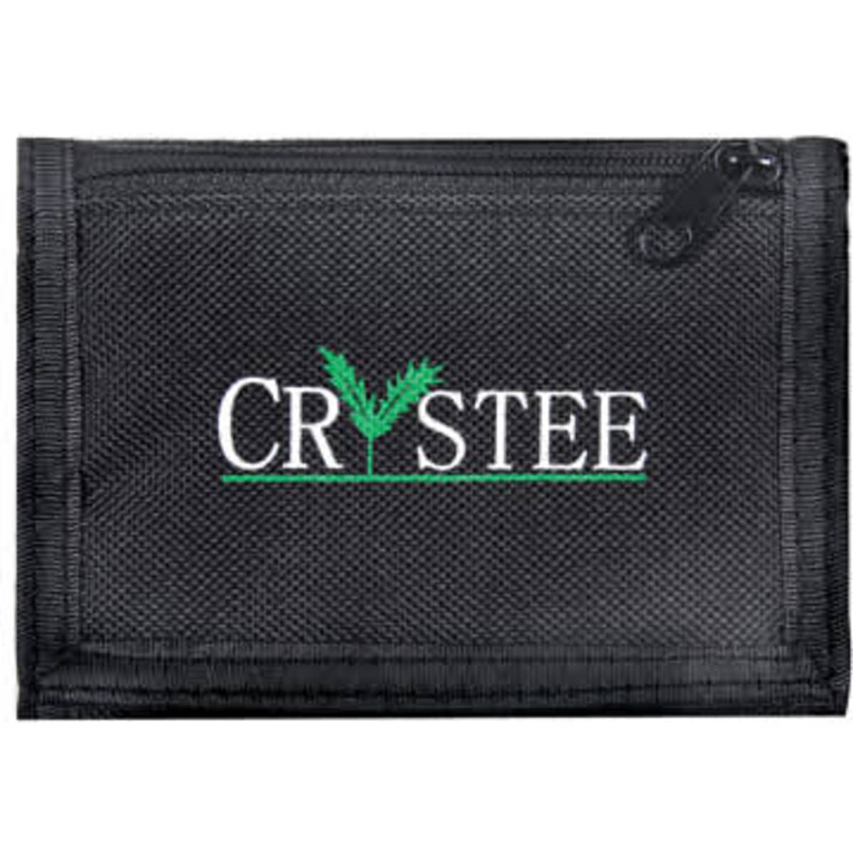 A black wallet with a zippered closure and a logo on the front. Made from durable material.
