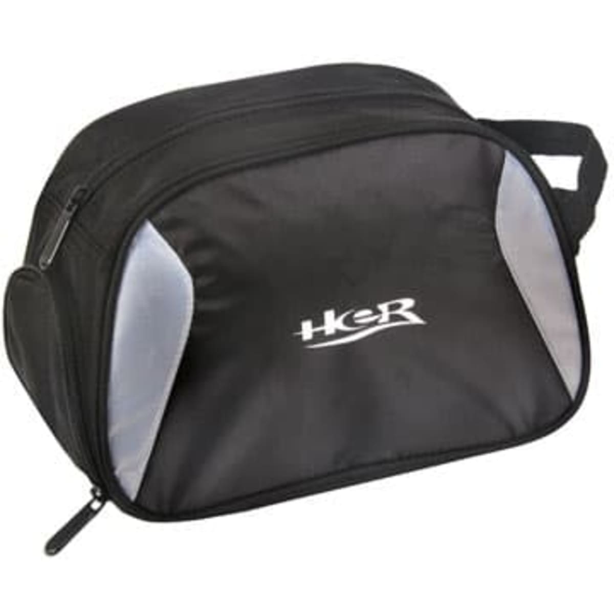 A black toiletry bag with silver accents and a logo, featuring a zip closure and side handle.