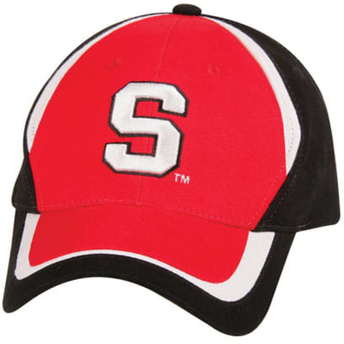 A red and black cap featuring an embroidered letter 'S' and a logo.