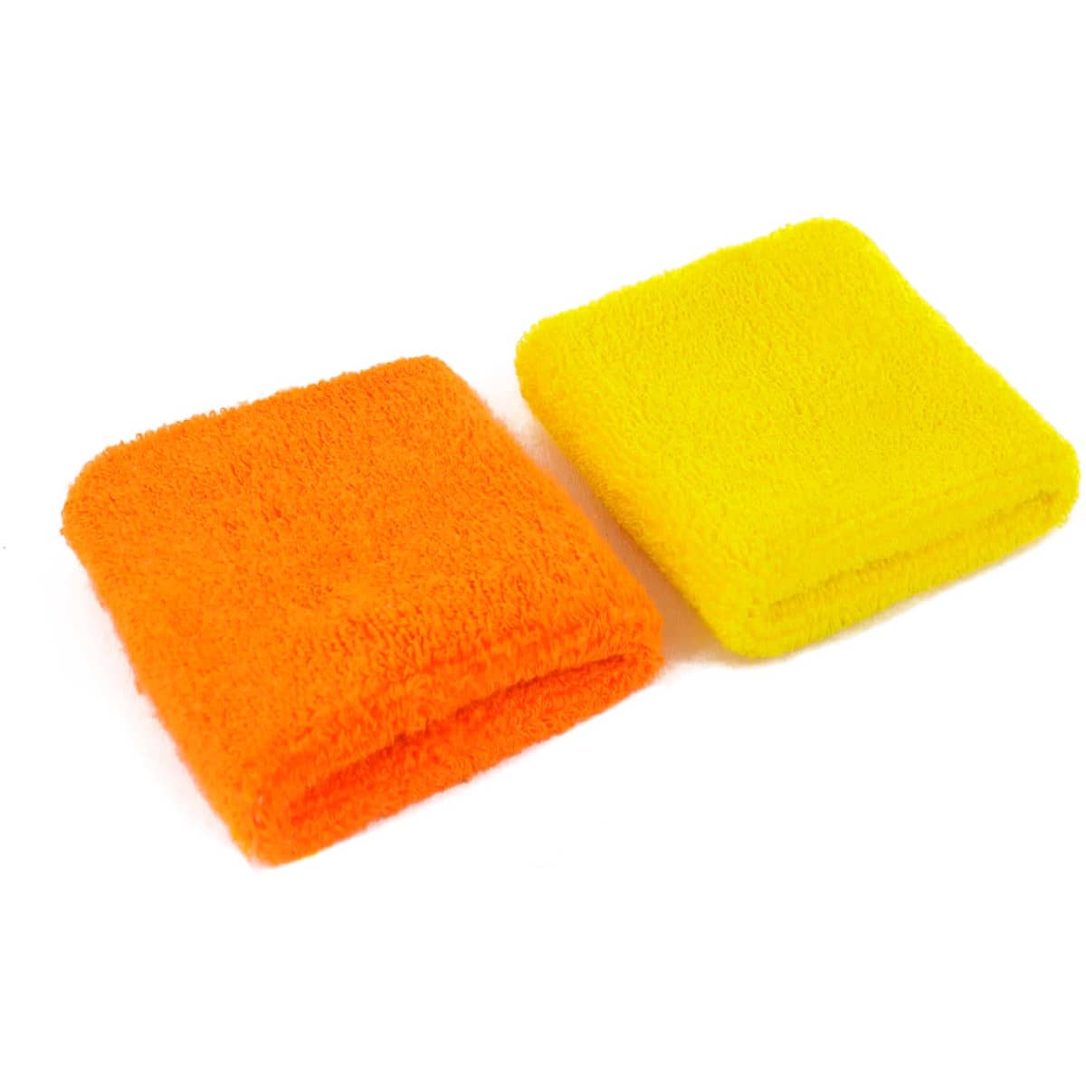 Two wristbands are displayed, one in bright orange and the other in vibrant yellow, featuring a textured fabric.