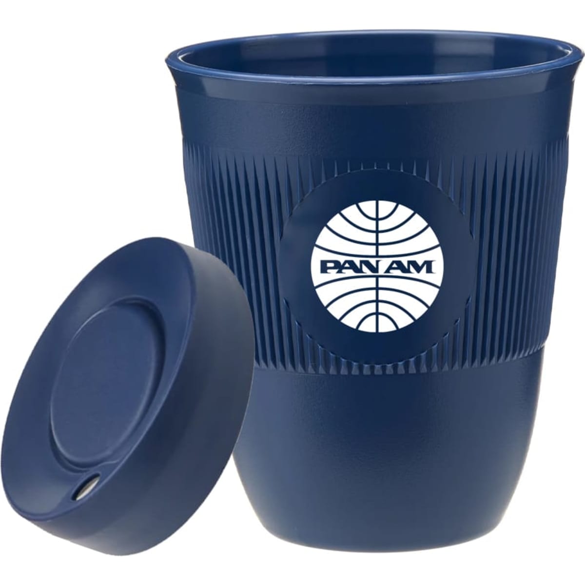 A drink cup in navy blue with a ribbed design and a lid, featuring a logo on the front.