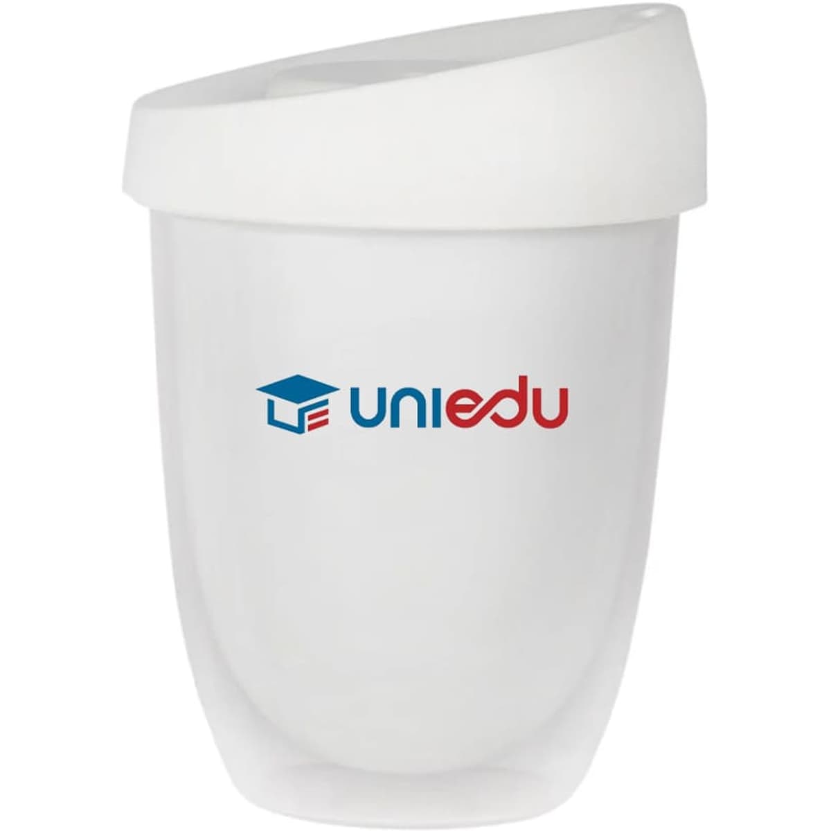 A reusable double wall coffee cup in clear with a white lid and a logo on the front.