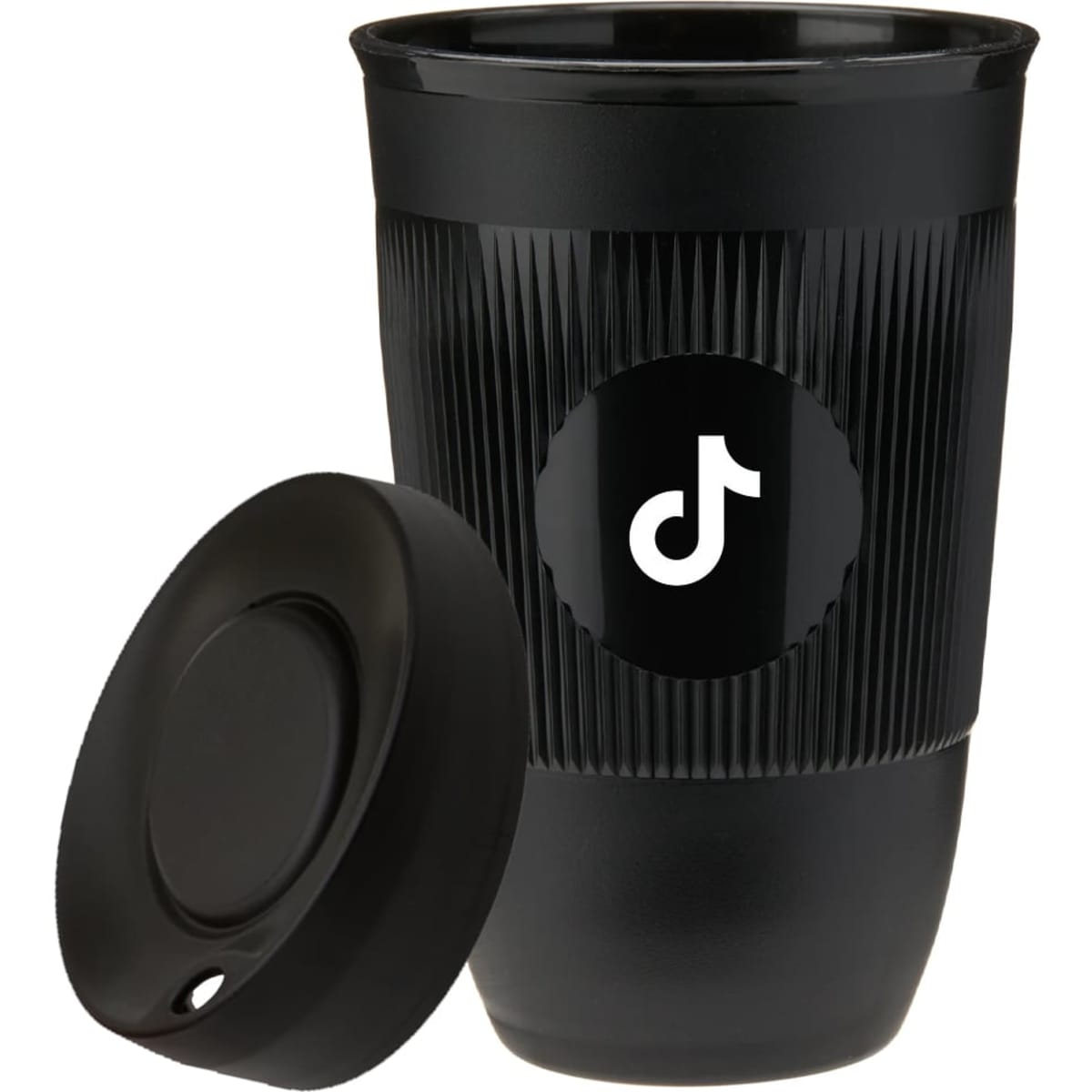 A drink bottle featuring a black ridged design and a removable lid, with a logo on the front.