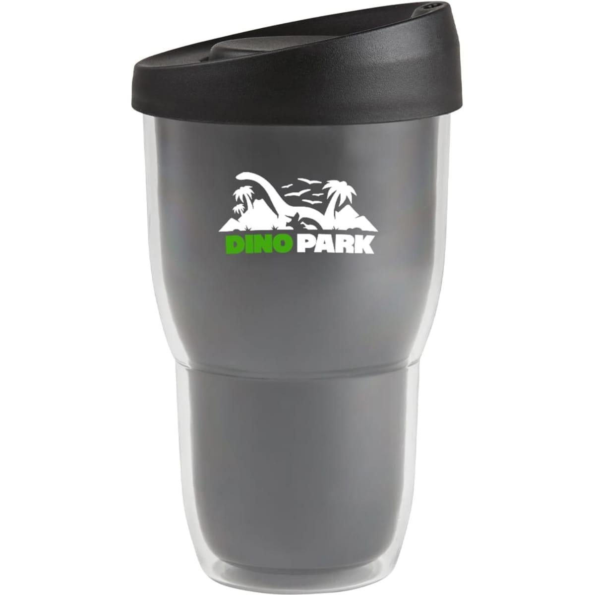 A drink bottle featuring a double wall design, in clear and black, with a logo on the front.