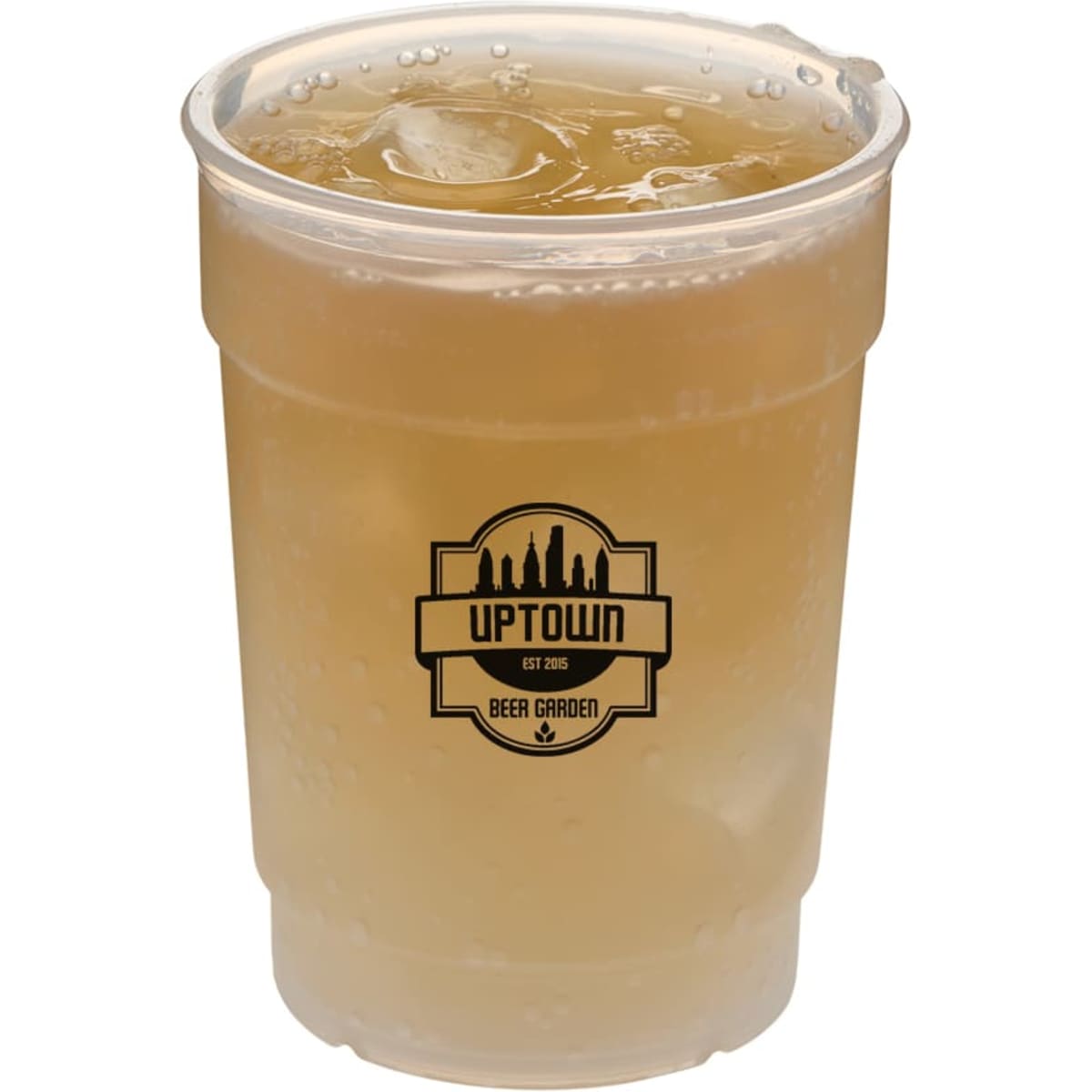 A plastic cup filled with a golden beverage, featuring a logo on its side.