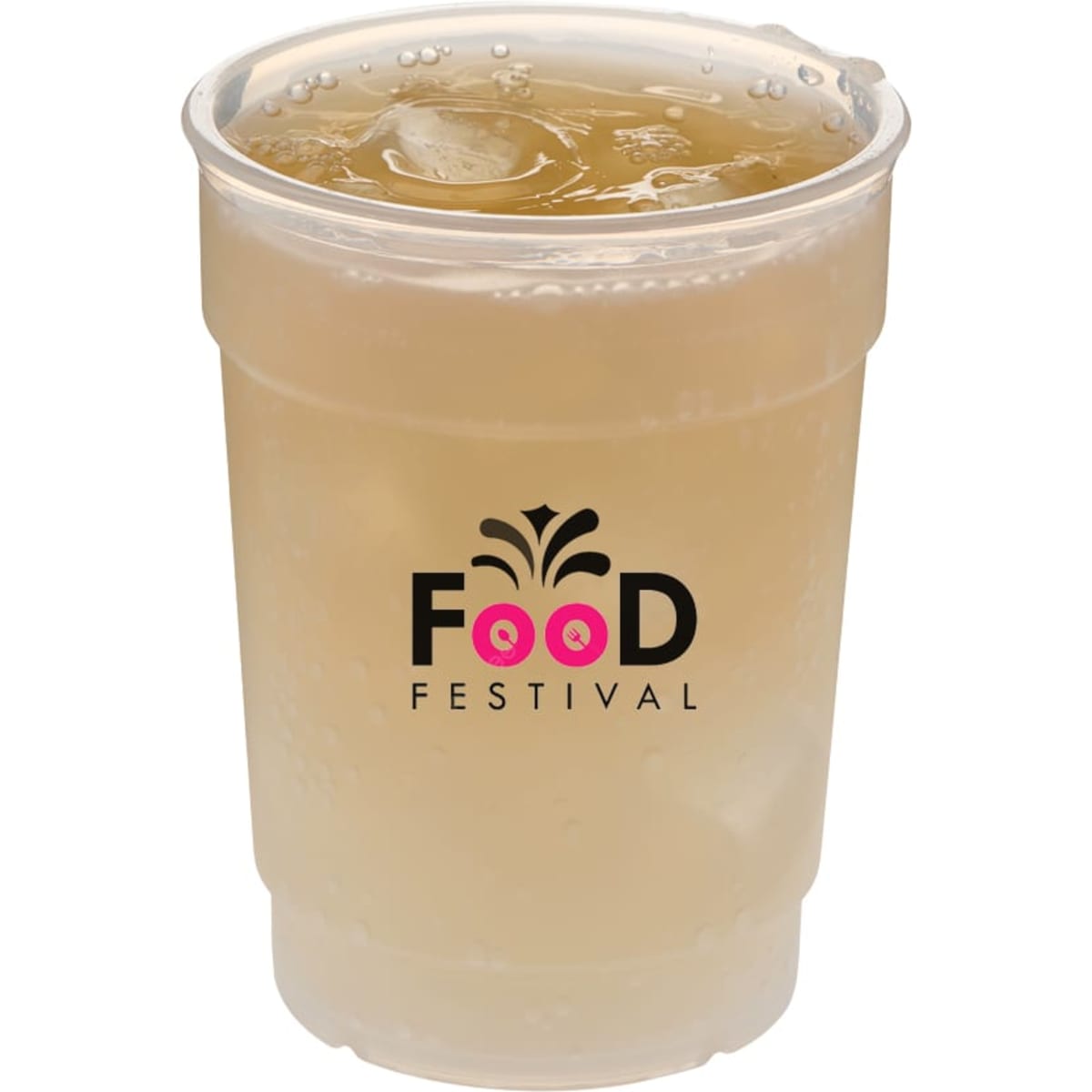 A clear 285ml cup filled with a light beverage, featuring a logo on the front.