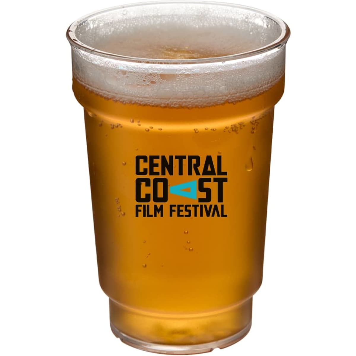 A drink cup with a translucent design, featuring a logo and filled with a golden beverage.