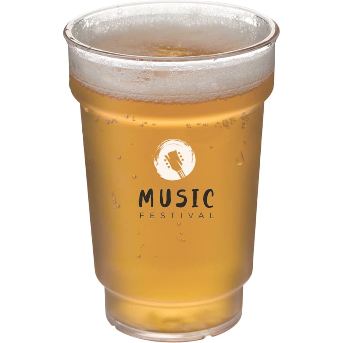A drink cup in clear plastic filled with a golden beverage, featuring a logo on the front.