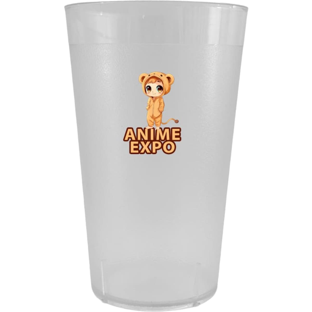A translucent plastic cup featuring a cartoon bear design and logo. Suitable for various beverages.