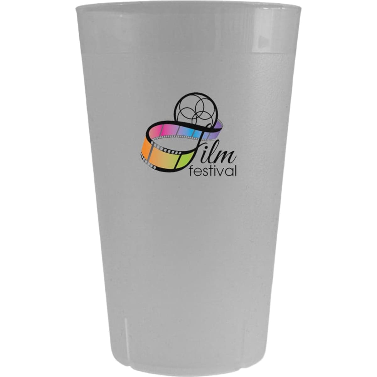 A clear plastic cup featuring a logo, suitable for event use, with a frosted finish.