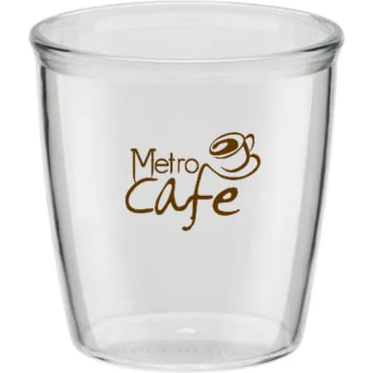 A transparent 4oz tasting cup with a curved design and a logo printed on one side.