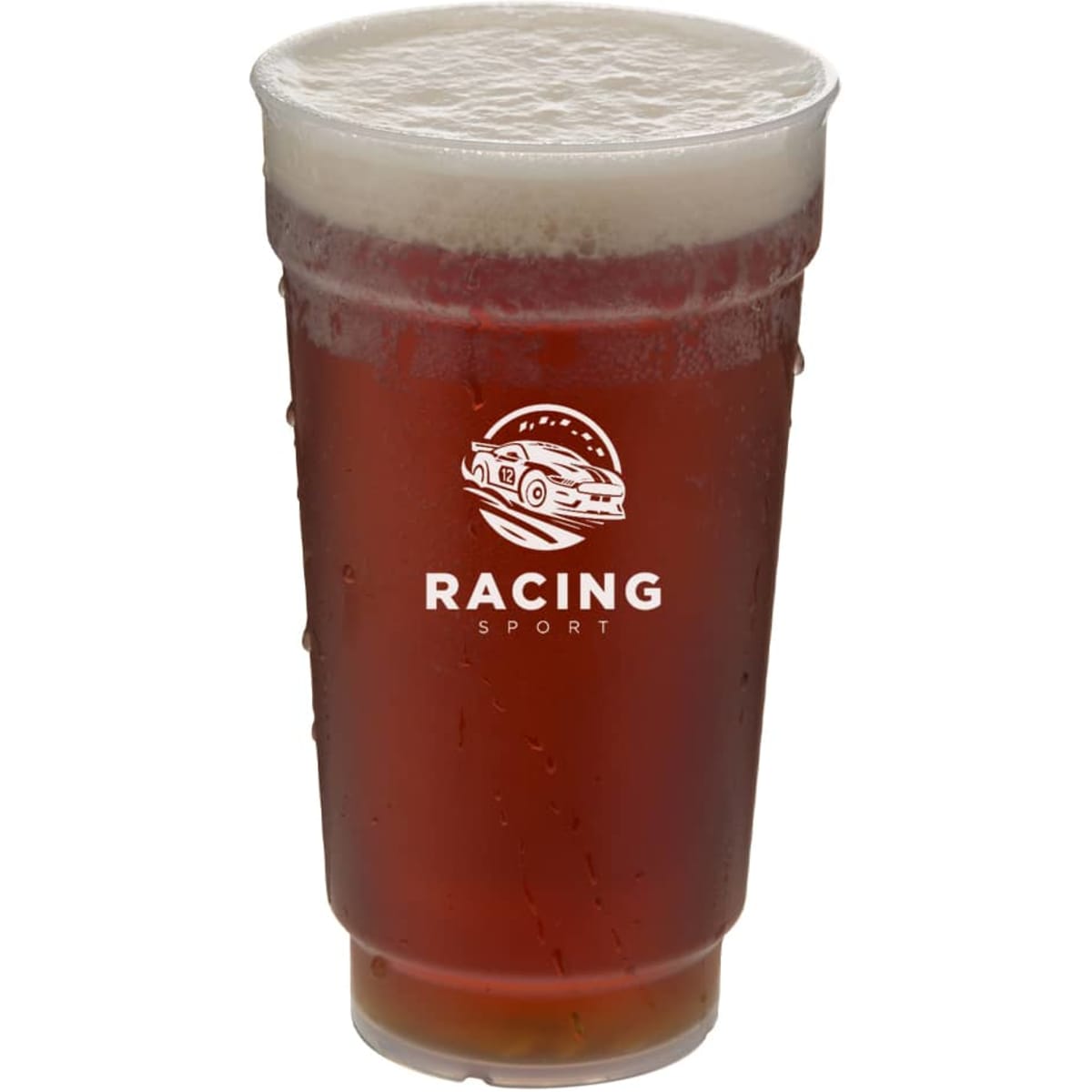 A drink cup in clear plastic filled with a dark beverage, featuring a logo on the front.