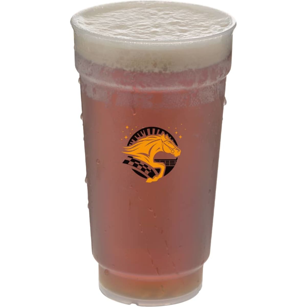 A drink bottle featuring a translucent cup with a frothy beverage and a logo, in shades of amber and clear.