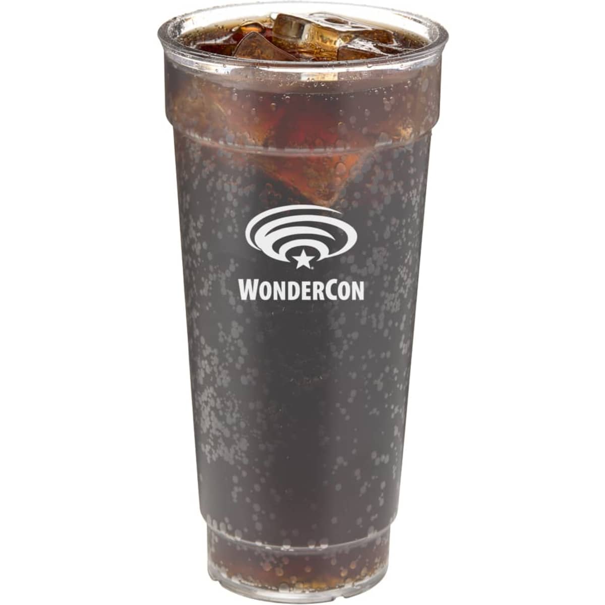 A drink cup filled with a dark fizzy beverage, featuring a logo and a transparent design.