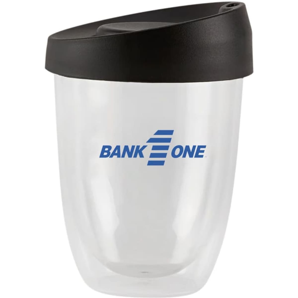 A drink bottle featuring a clear double wall design with a black lid and a logo. Suitable for reusable coffee.