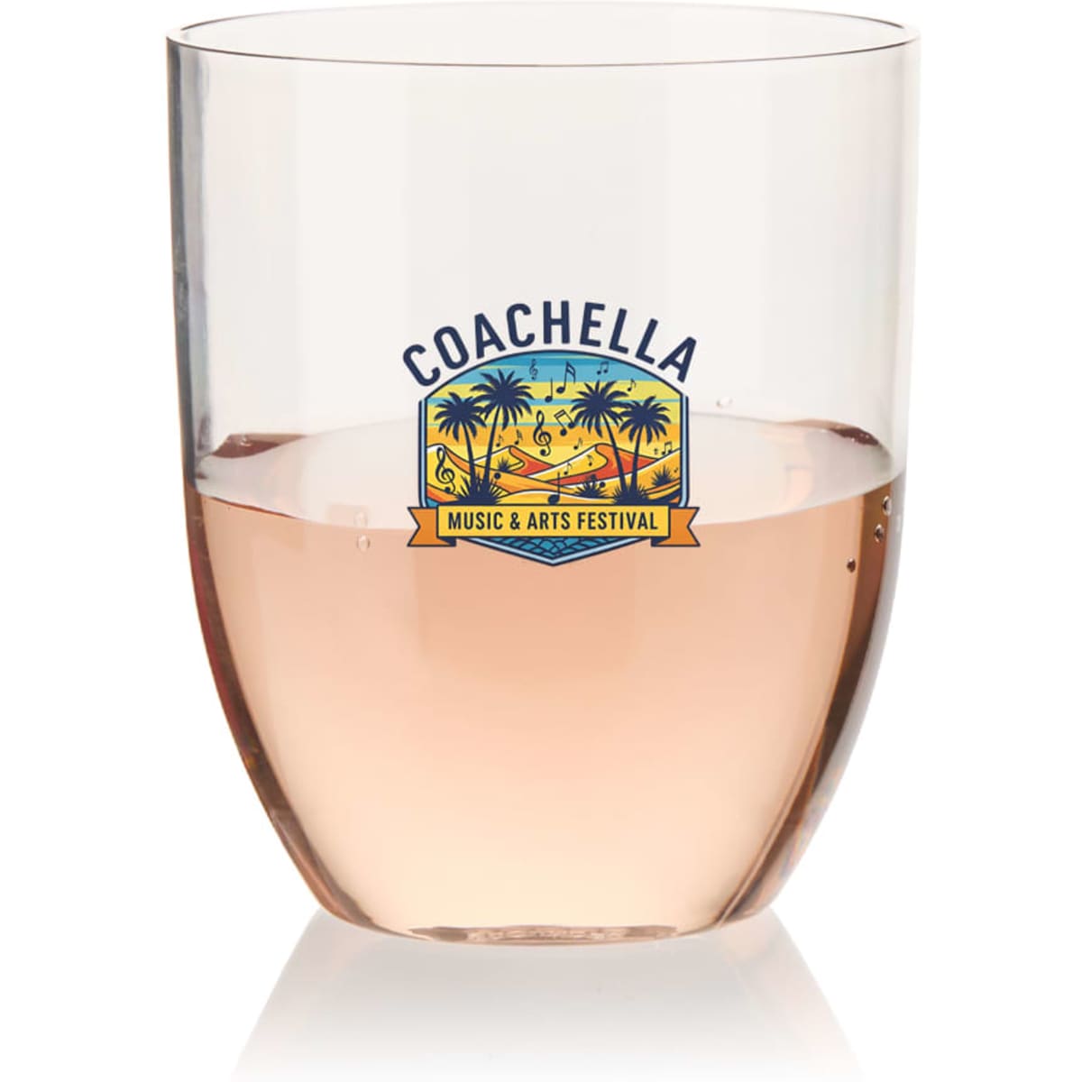 A stemless shatterproof wine glass made of recycled Tritan™, featuring a logo and filled with pink liquid.