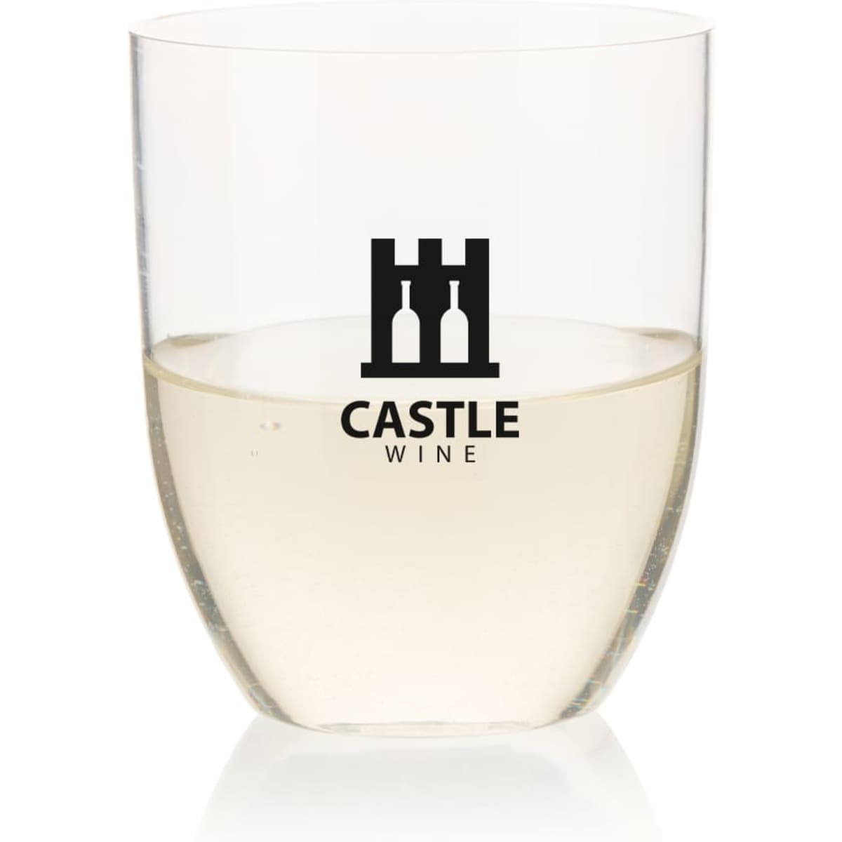 A stemless, shatterproof plastic wine glass featuring a logo and filled with white wine. The glass has a clear finish.