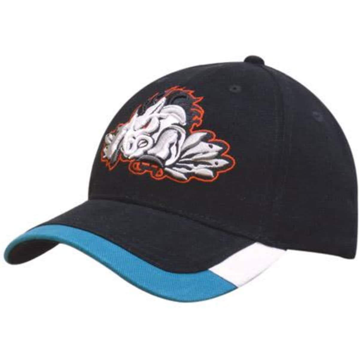 A black cap with a colourful embroidered design, featuring a two-tone peak trim in blue and white.