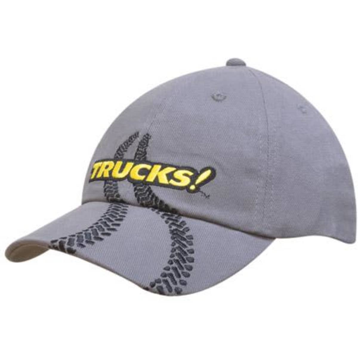 A grey cap featuring tyre track embroidery and a logo on the front.