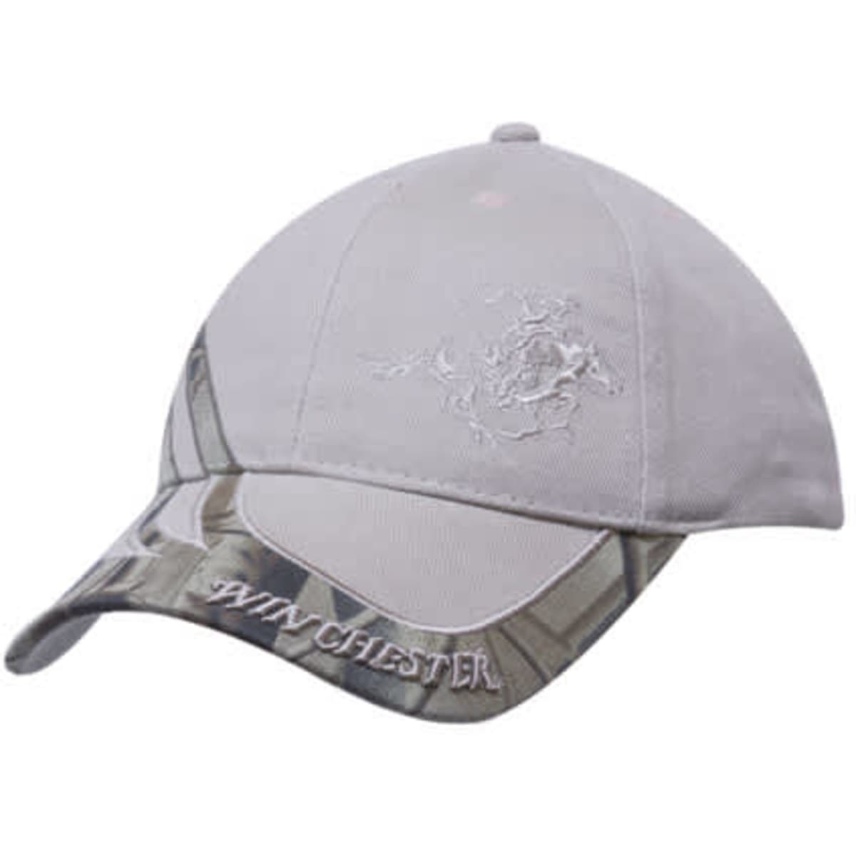 A cap featuring a light grey top with camouflage inserts on the brim and an embroidered logo.