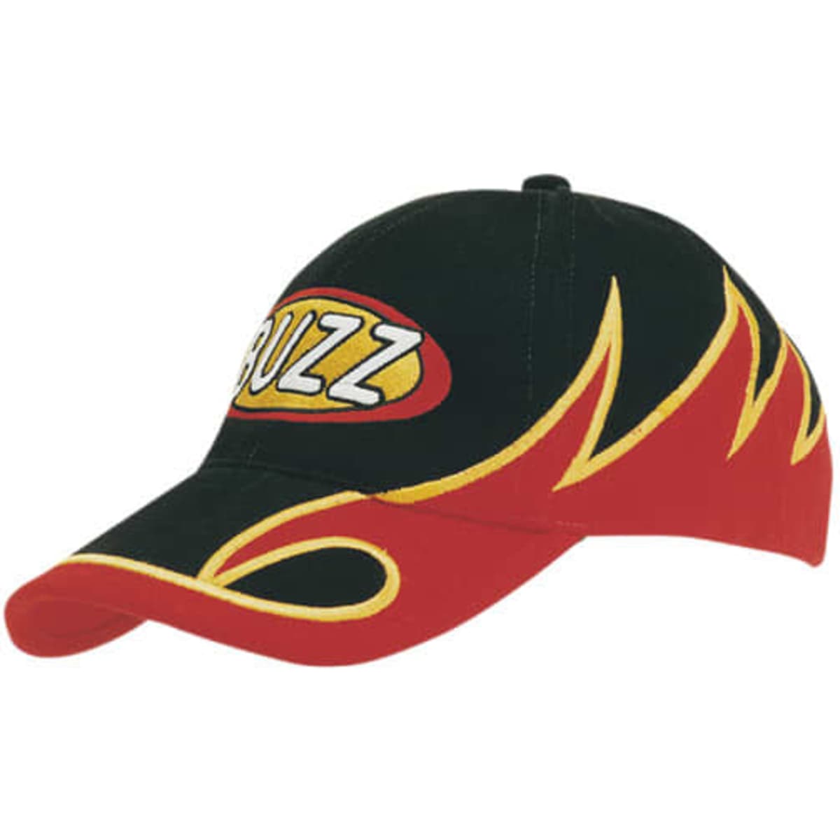 A black and red cap featuring wave embroidery and a logo on the front. The design includes flame motifs in yellow.