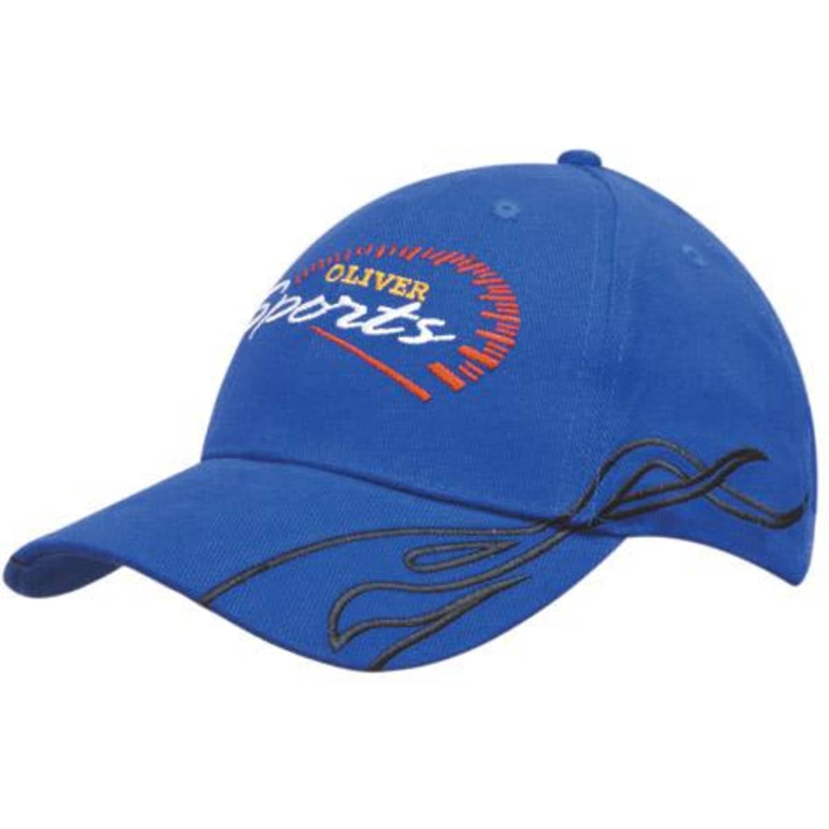 A blue cap featuring swirl embroidery and a logo on the front. It has a curved visor and stitching details.