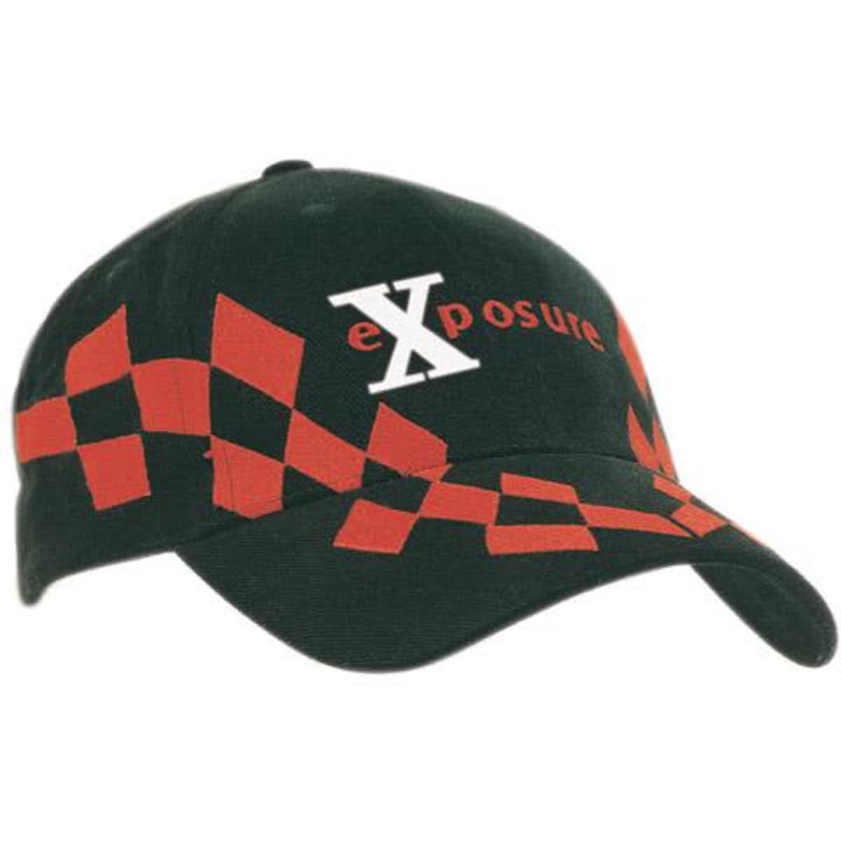 A black cap featuring a striking red checked pattern and a logo.