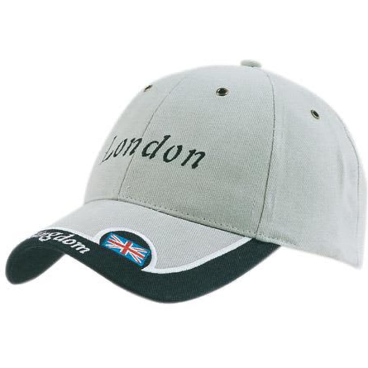 A grey baseball cap with a trimmed peak insert and a logo featuring the British flag.