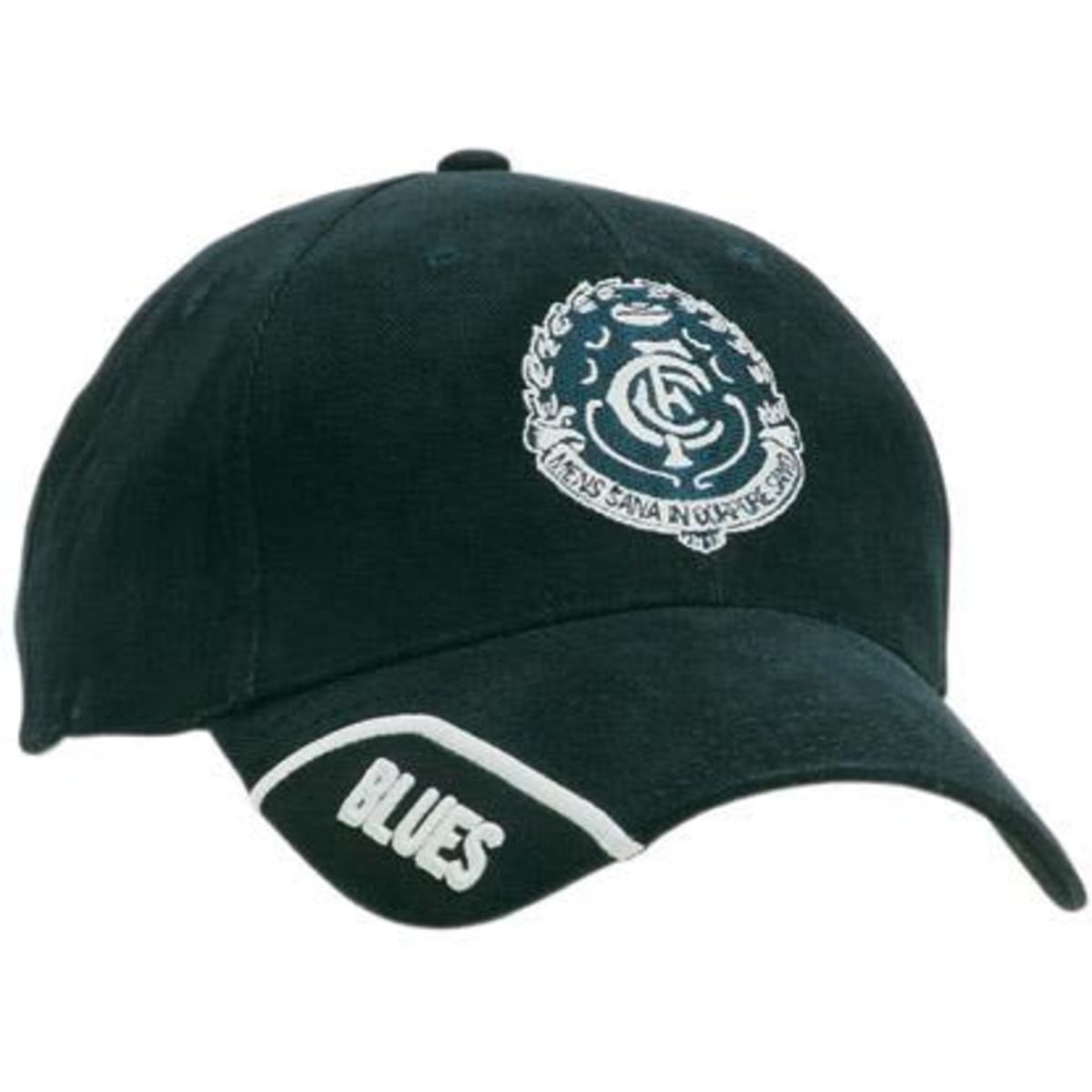 A green cap with a logo on the front and a white trimmed peak, featuring the word "BLUES."