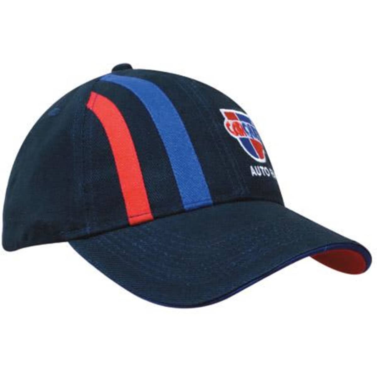 A navy cap with red and blue stripes, featuring a logo on the front.