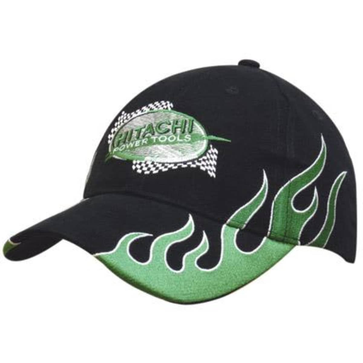 A black cap featuring green side flames and a logo. The design includes stitching details along the brim.