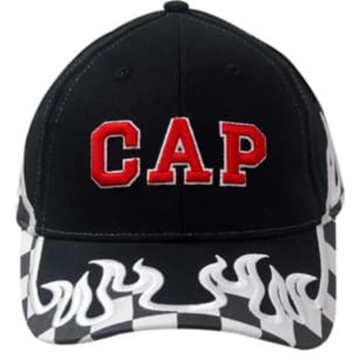 Black cap featuring red embroidered text and flame embroidery on the brim, with a checkered pattern.