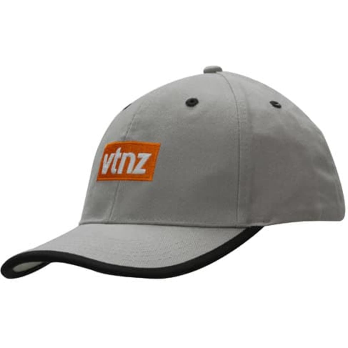 A grey cap with a black peak trim and an orange logo. Features eyelets for ventilation.