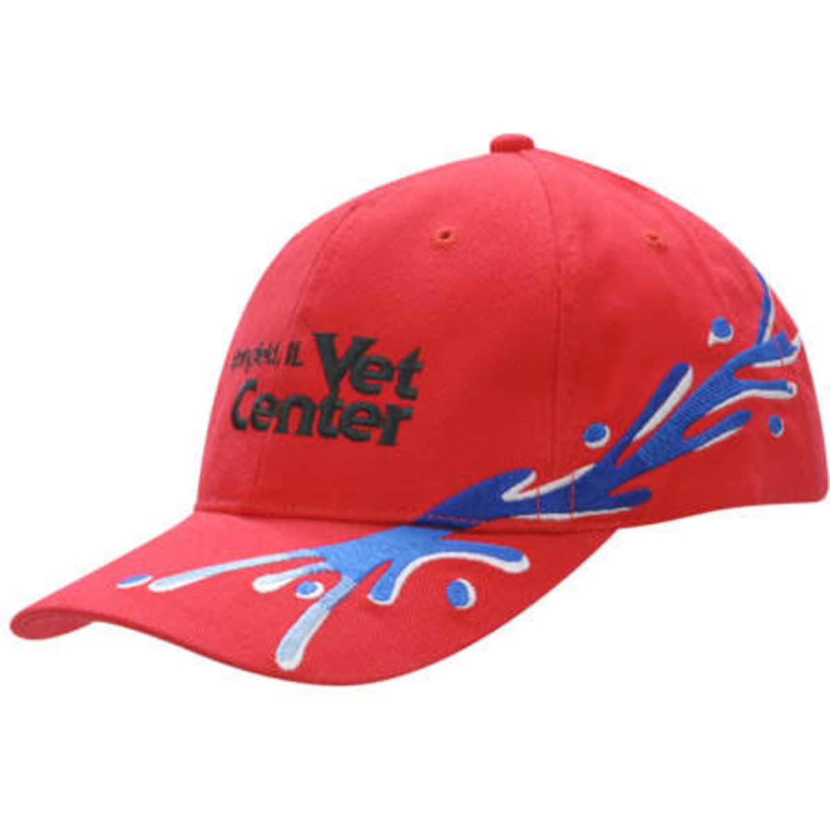 A red cap with splash embroidery on the crown and peak, featuring a logo.