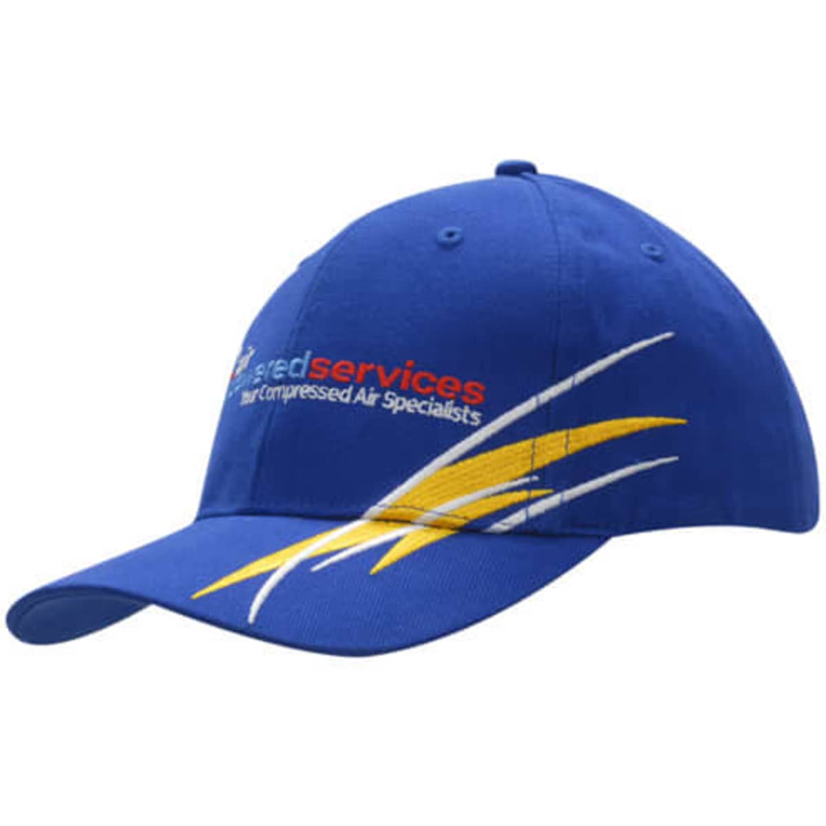 A blue cap featuring yellow embroidery on the crown and peak, with a logo on the front.