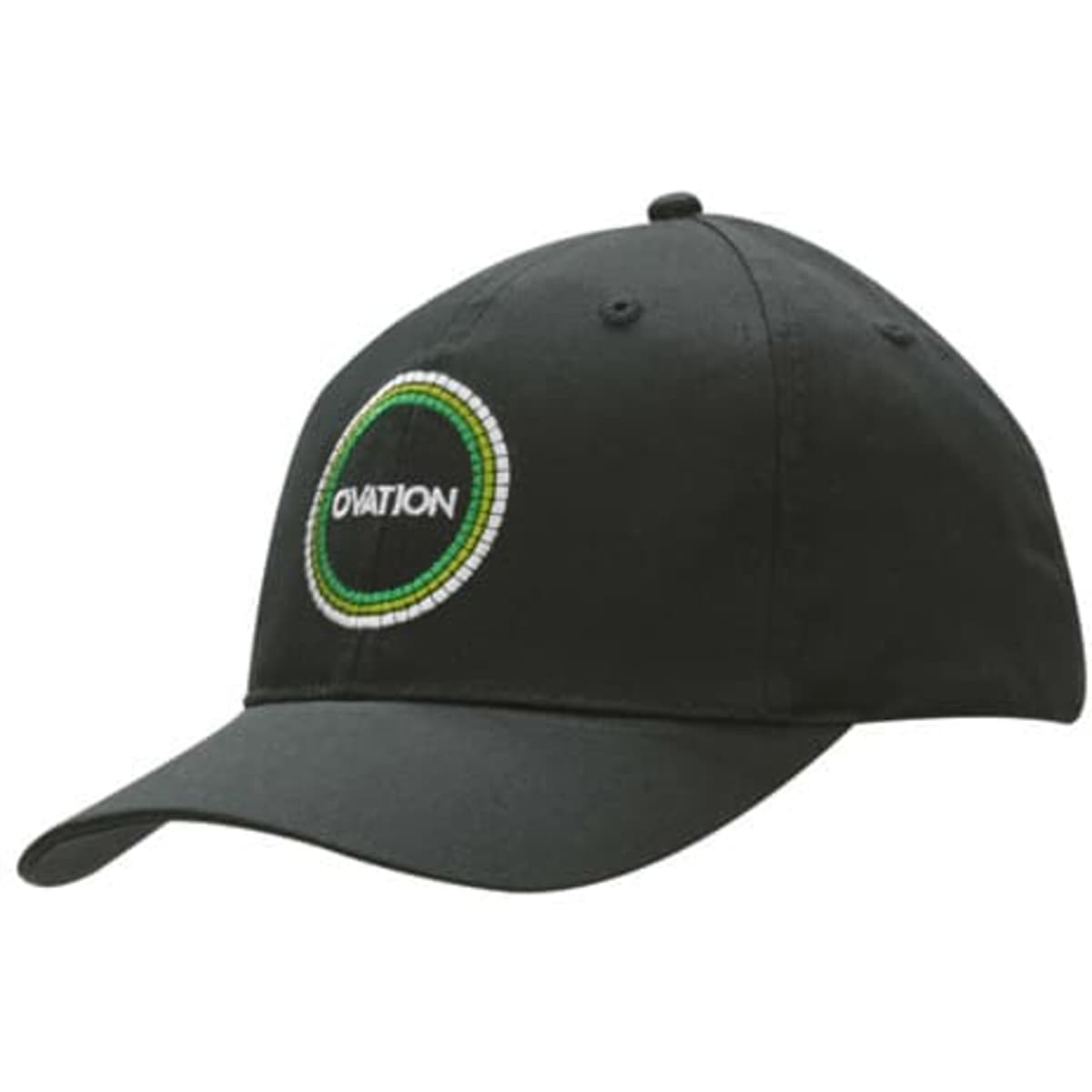 A black cap featuring a circular logo with green and white detailing on the front.