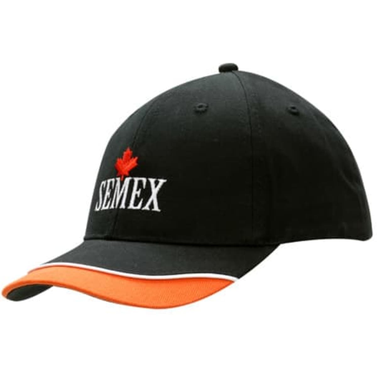 A black cap with an orange trim and piping on the peak, featuring a logo on the front.