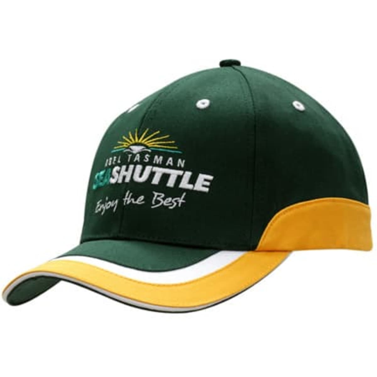 A green and yellow cap with a sandwich peak and trim, featuring a logo on the front.