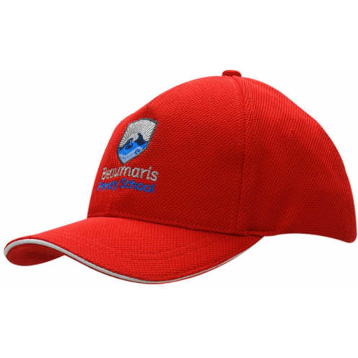 A red cap with an embroidered logo and a white sandwich trim along the brim.