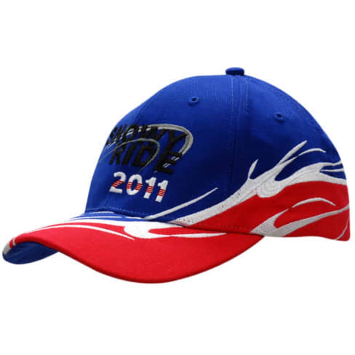 A blue and red cap featuring wave inserts and embroidery on the crown and peak, with a logo.