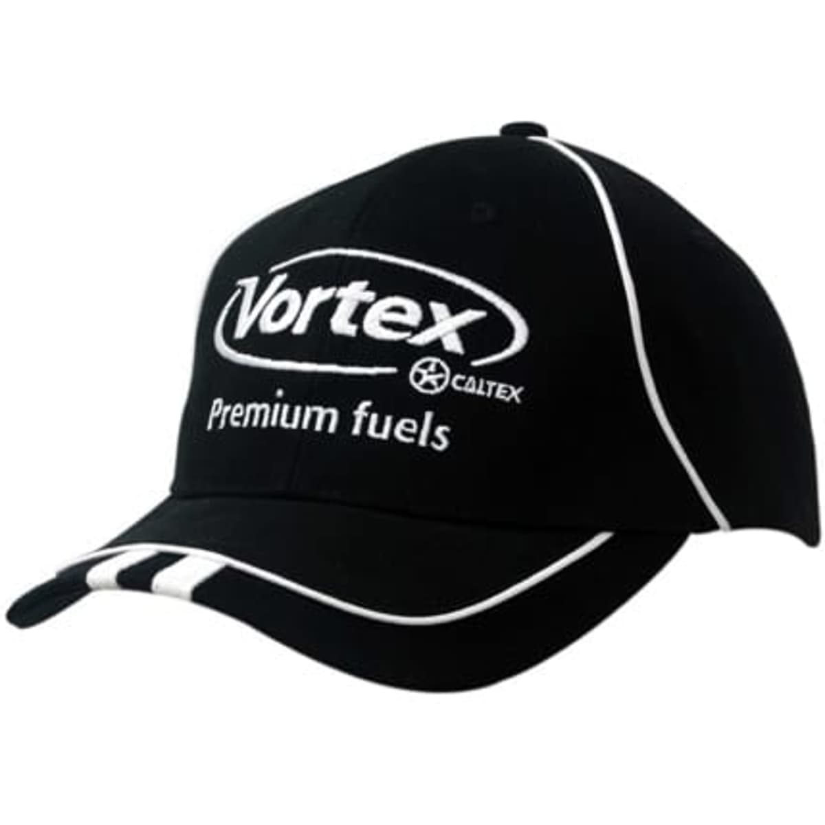 A black cap featuring white piping on the crown and peak, with embroidered logos and stripes on the peak.