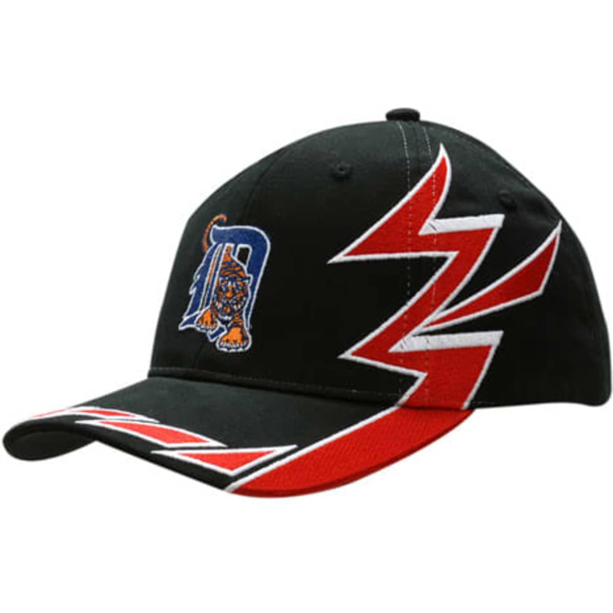 A black cap with red accents and slash embroidery on the crown and peak, featuring a logo.