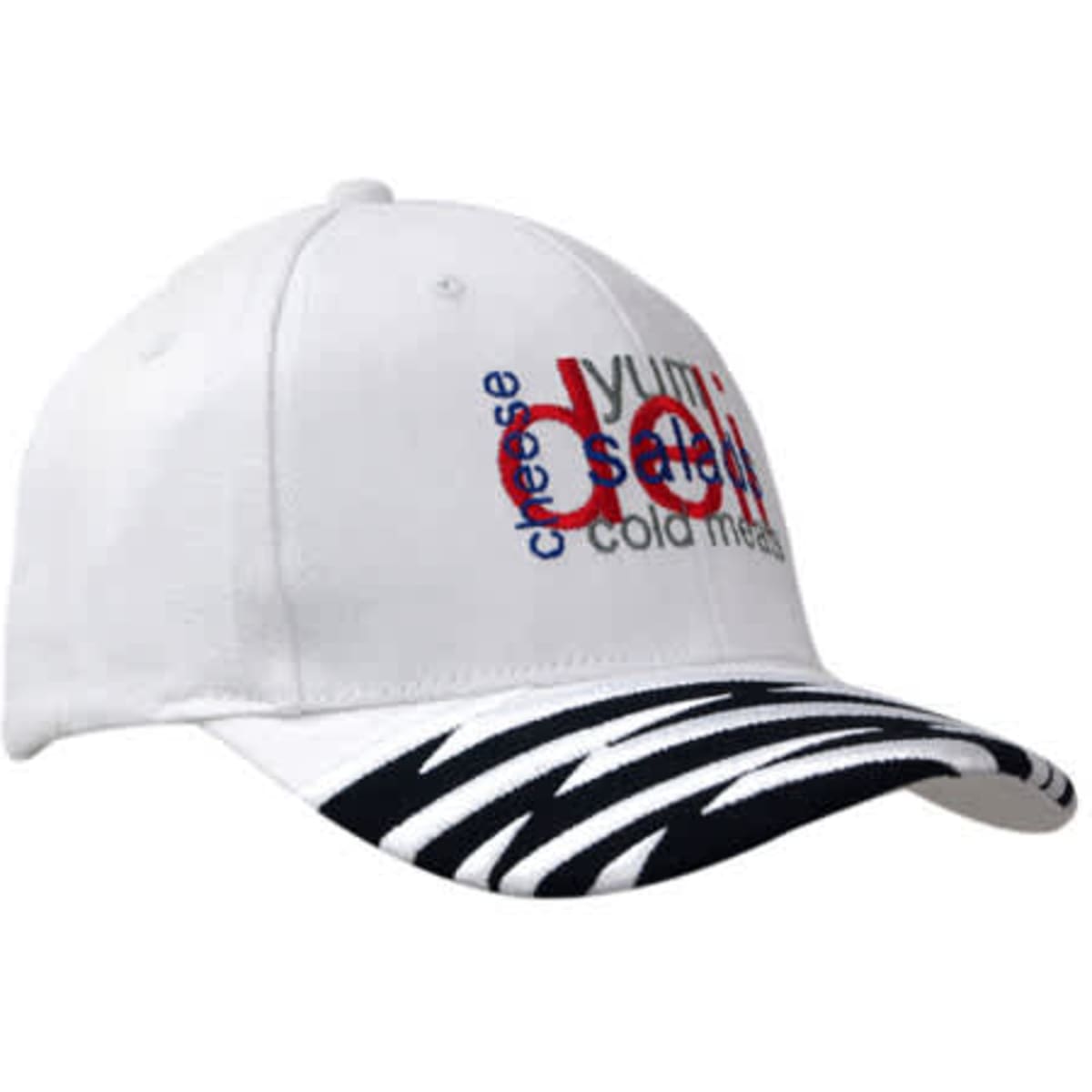 A white cap with a black and white patterned peak and colourful embroidery featuring the words "deli" and "cheese."