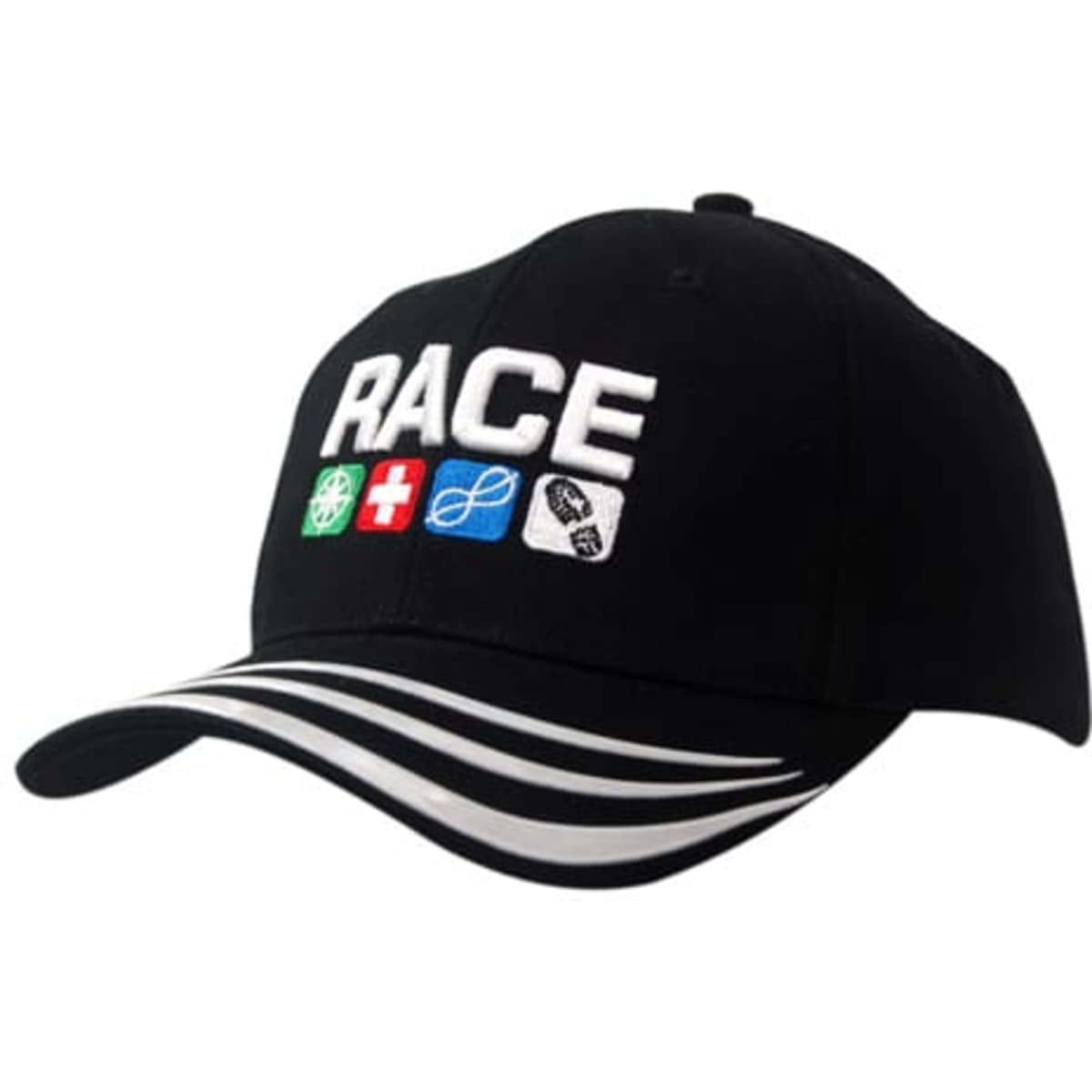A black cap featuring the word "RACE" in bold, with colourful icons and white design lines on the peak.